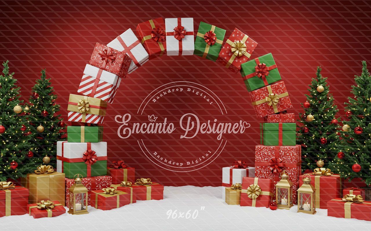 Gift Arch Snowy Trees Festive Red Christmas Backdrop - Layoris