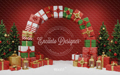 Gift Arch Snowy Trees Festive Red Christmas Backdrop - Layoris