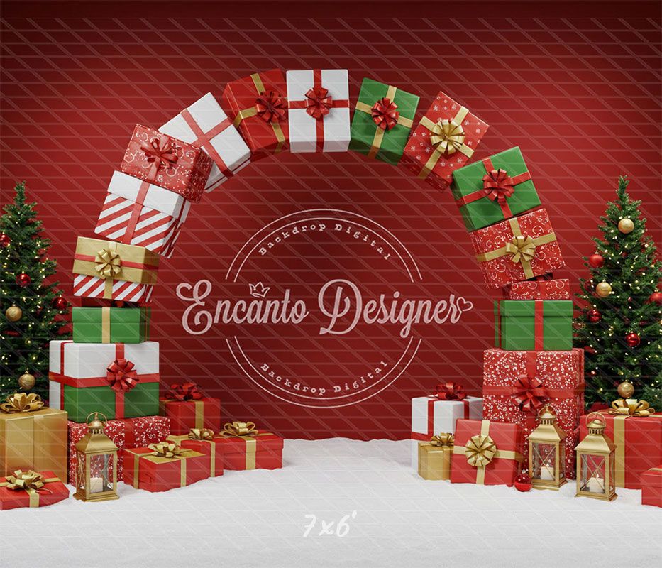 Gift Arch Snowy Trees Festive Red Christmas Backdrop - Layoris