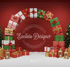 Gift Arch Snowy Trees Festive Red Christmas Backdrop - Layoris