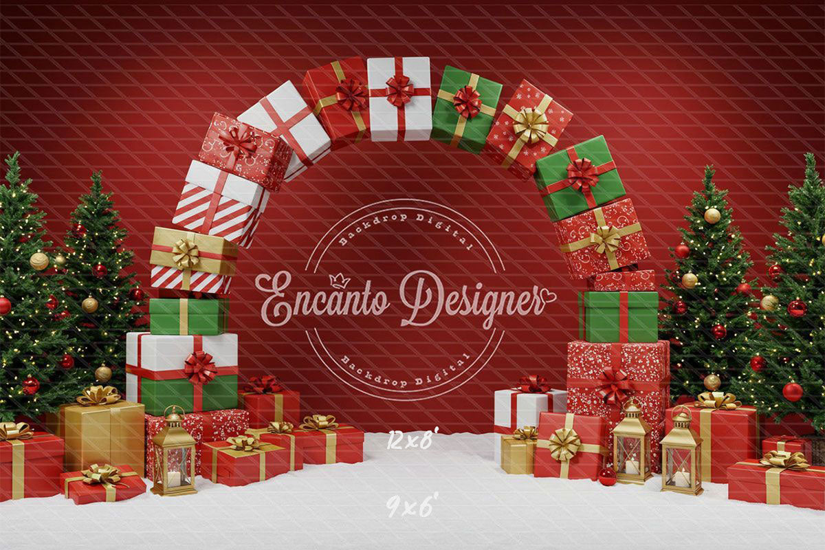 Gift Arch Snowy Trees Festive Red Christmas Backdrop - Layoris