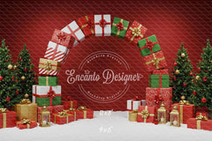 Gift Arch Snowy Trees Festive Red Christmas Backdrop - Layoris