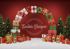 Gift Arch Snowy Trees Festive Red Christmas Backdrop - Layoris