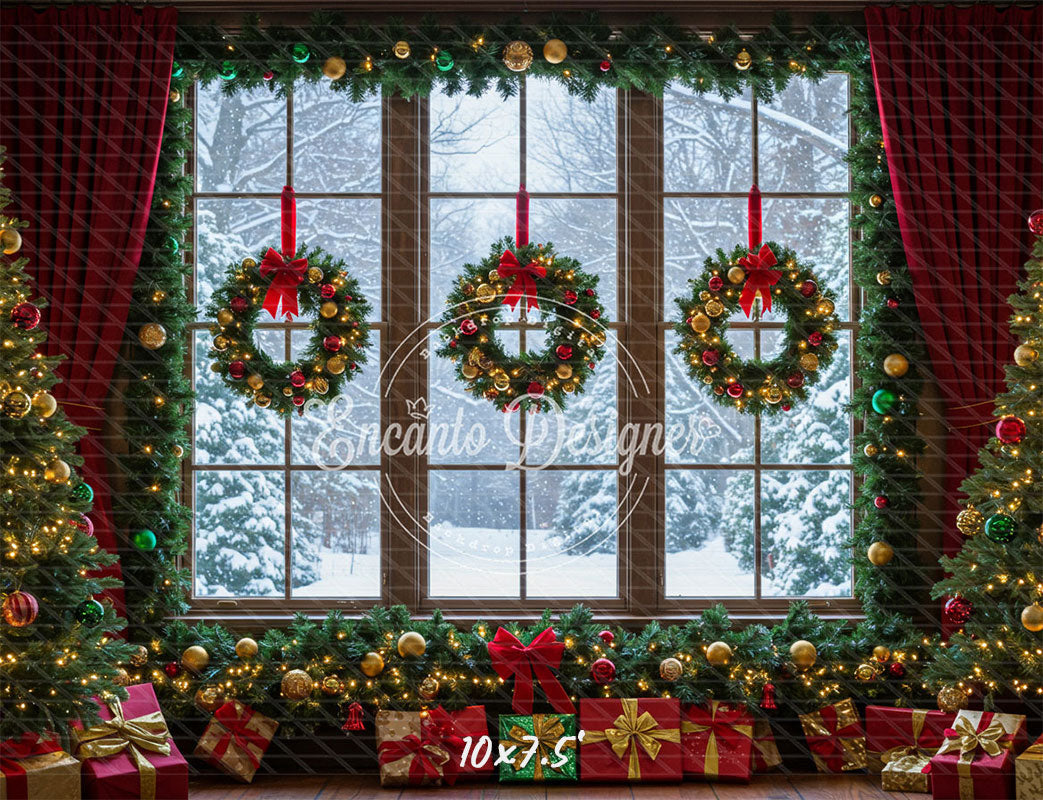 Window Wreaths Snowy Trees Gifts Christmas Backdrop - Layoris