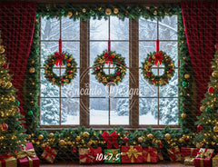 Window Wreaths Snowy Trees Gifts Christmas Backdrop - Layoris