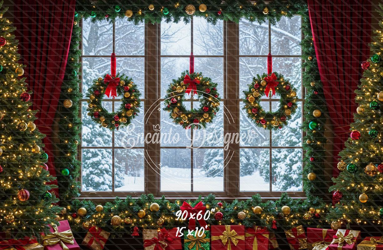 Window Wreaths Snowy Trees Gifts Christmas Backdrop - Layoris