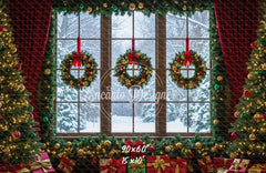 Window Wreaths Snowy Trees Gifts Christmas Backdrop - Layoris