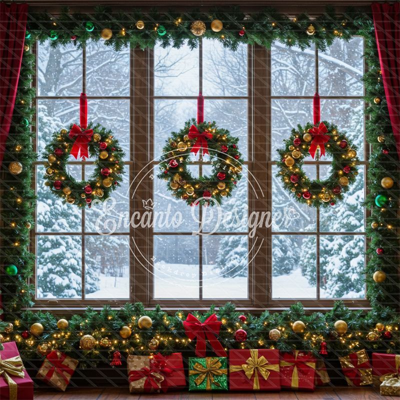 Window Wreaths Snowy Trees Gifts Christmas Backdrop - Layoris