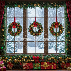 Window Wreaths Snowy Trees Gifts Christmas Backdrop - Layoris