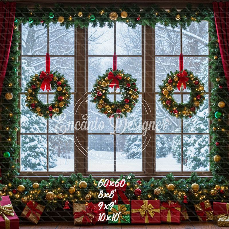 Window Wreaths Snowy Trees Gifts Christmas Backdrop - Layoris