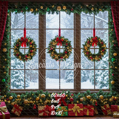 Window Wreaths Snowy Trees Gifts Christmas Backdrop - Layoris