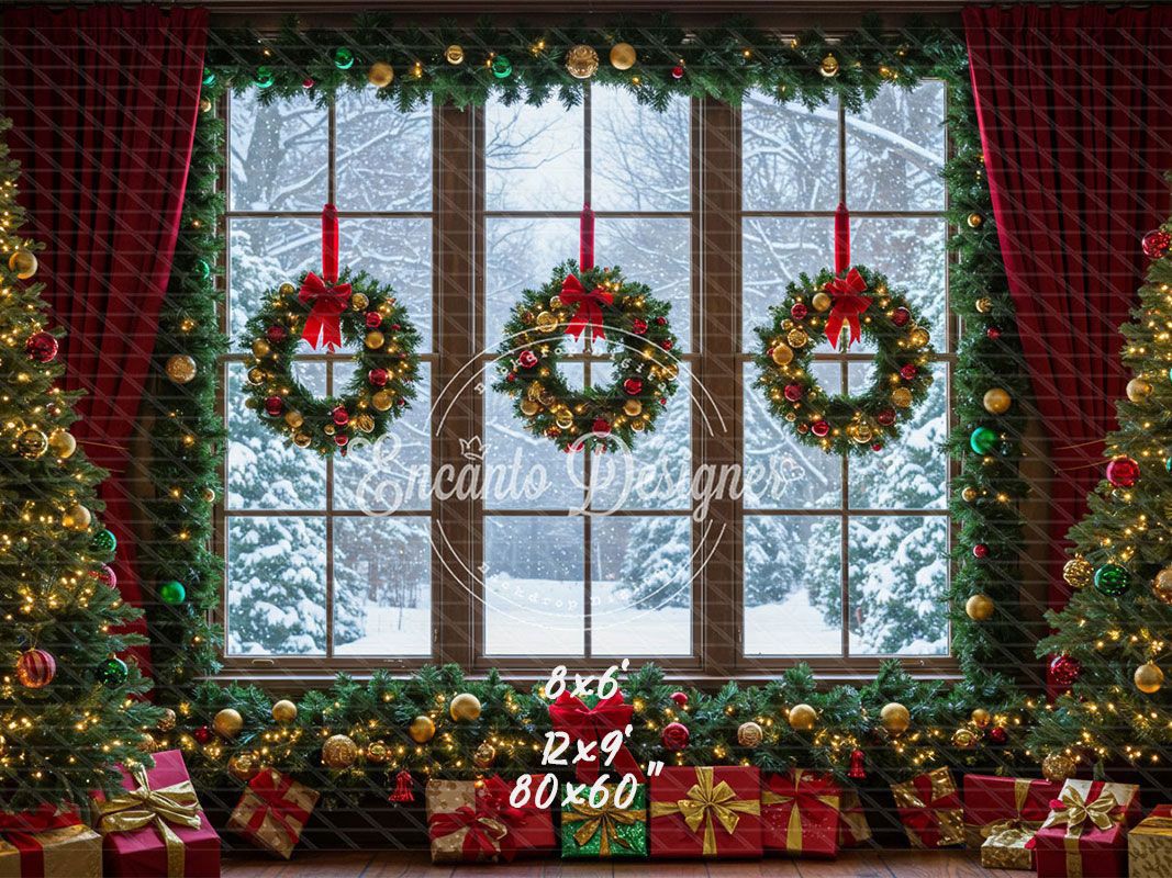 Window Wreaths Snowy Trees Gifts Christmas Backdrop - Layoris