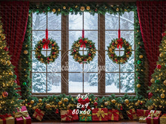 Window Wreaths Snowy Trees Gifts Christmas Backdrop - Layoris