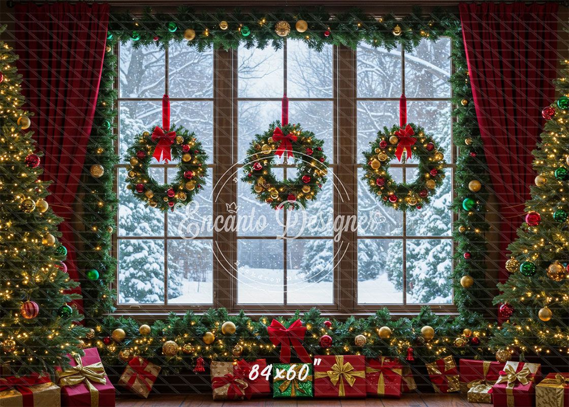 Window Wreaths Snowy Trees Gifts Christmas Backdrop - Layoris
