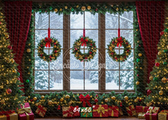 Window Wreaths Snowy Trees Gifts Christmas Backdrop - Layoris