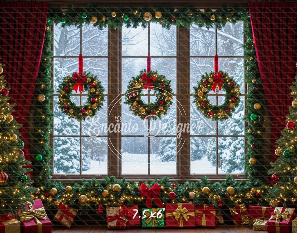 Window Wreaths Snowy Trees Gifts Christmas Backdrop - Layoris