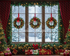 Window Wreaths Snowy Trees Gifts Christmas Backdrop - Layoris