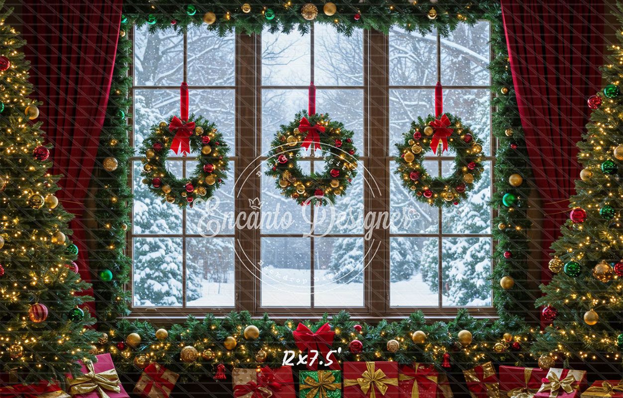 Window Wreaths Snowy Trees Gifts Christmas Backdrop - Layoris