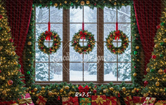 Window Wreaths Snowy Trees Gifts Christmas Backdrop - Layoris