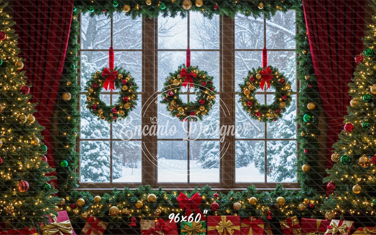 Window Wreaths Snowy Trees Gifts Christmas Backdrop - Layoris