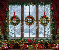 Window Wreaths Snowy Trees Gifts Christmas Backdrop - Layoris