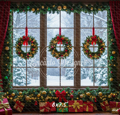 Window Wreaths Snowy Trees Gifts Christmas Backdrop - Layoris