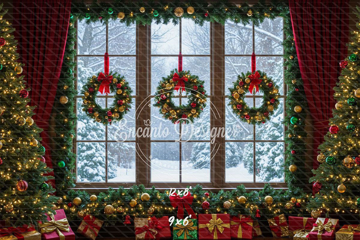 Window Wreaths Snowy Trees Gifts Christmas Backdrop - Layoris