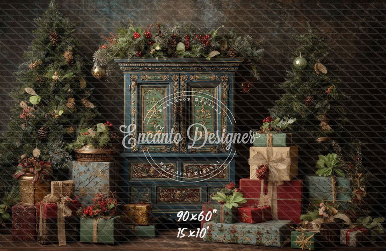 Ornate Blue Cabinet Trees Vintage Christmas Backdrop - Layoris