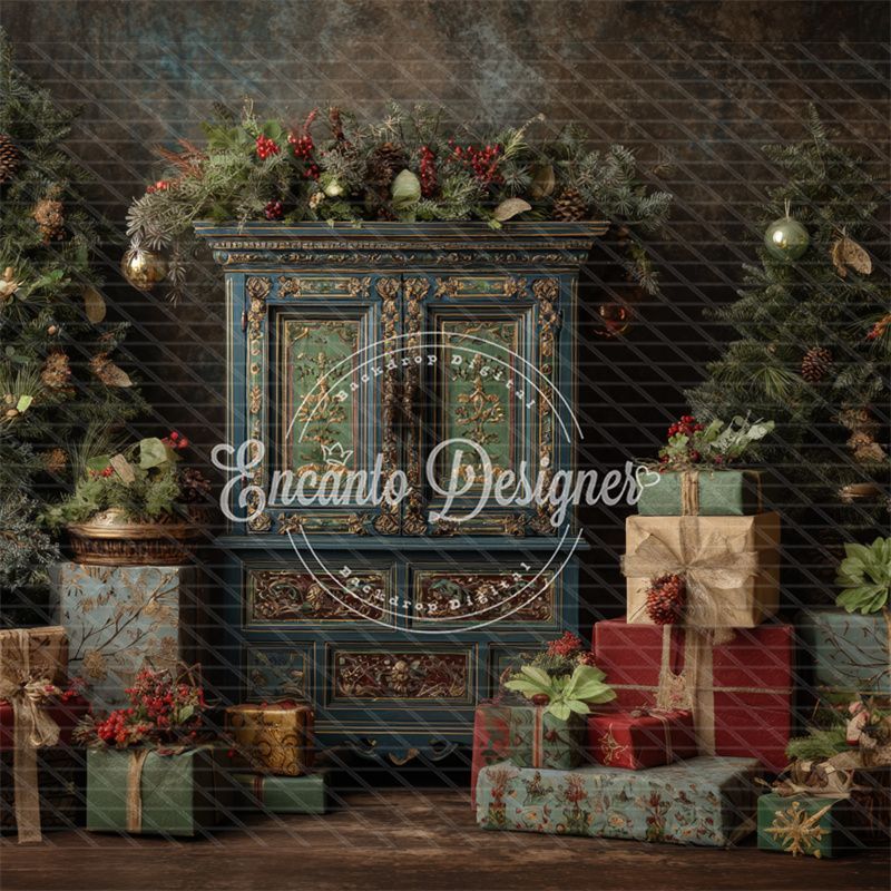 Ornate Blue Cabinet Trees Vintage Christmas Backdrop - Layoris