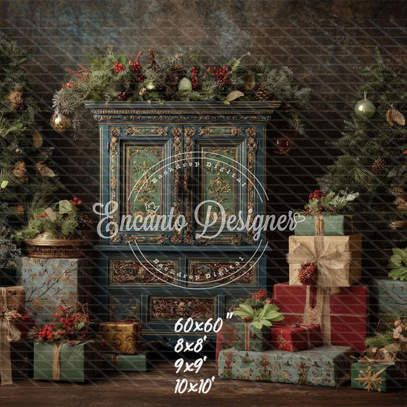 Ornate Blue Cabinet Trees Vintage Christmas Backdrop - Layoris