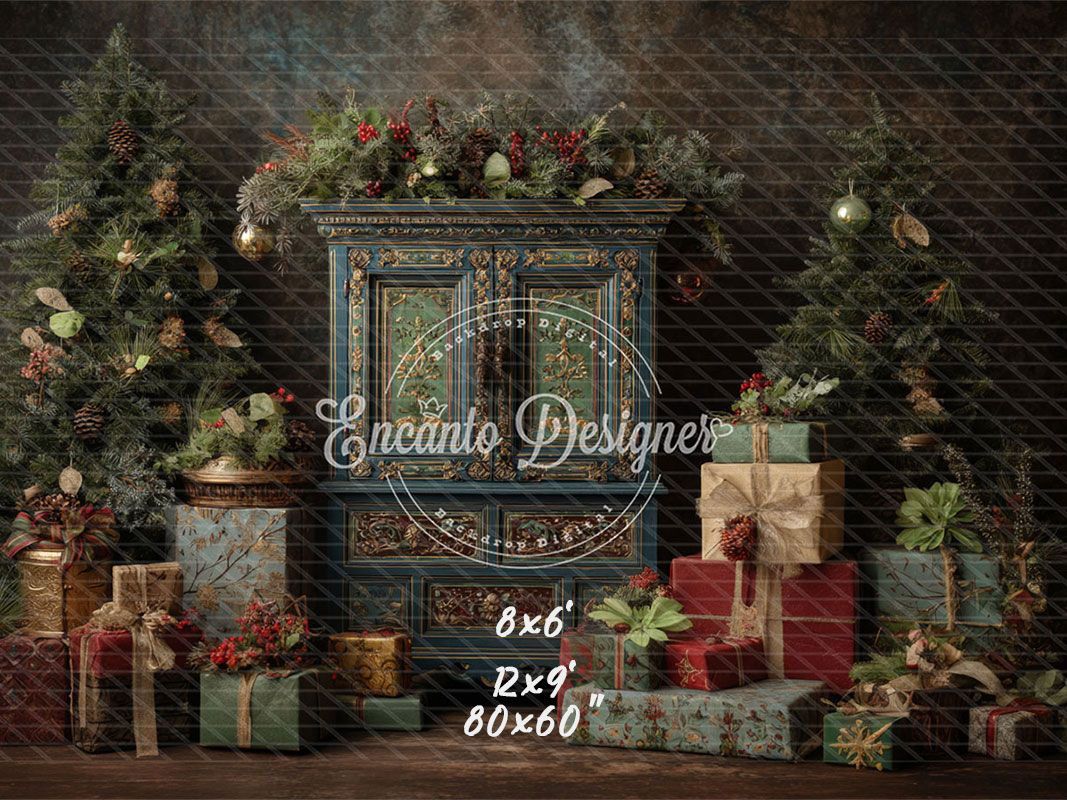 Ornate Blue Cabinet Trees Vintage Christmas Backdrop - Layoris