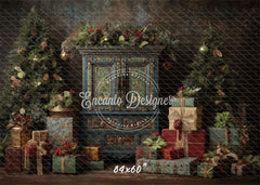Ornate Blue Cabinet Trees Vintage Christmas Backdrop - Layoris