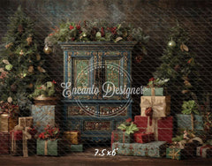 Ornate Blue Cabinet Trees Vintage Christmas Backdrop - Layoris
