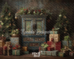 Ornate Blue Cabinet Trees Vintage Christmas Backdrop - Layoris