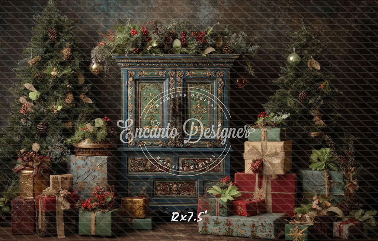 Ornate Blue Cabinet Trees Vintage Christmas Backdrop - Layoris