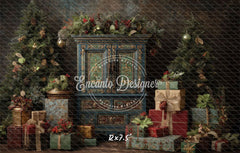 Ornate Blue Cabinet Trees Vintage Christmas Backdrop - Layoris