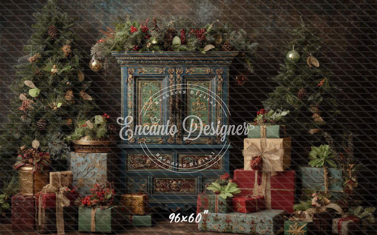 Ornate Blue Cabinet Trees Vintage Christmas Backdrop - Layoris