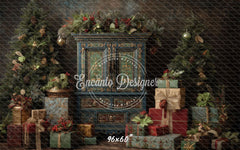 Ornate Blue Cabinet Trees Vintage Christmas Backdrop - Layoris