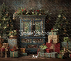 Ornate Blue Cabinet Trees Vintage Christmas Backdrop - Layoris
