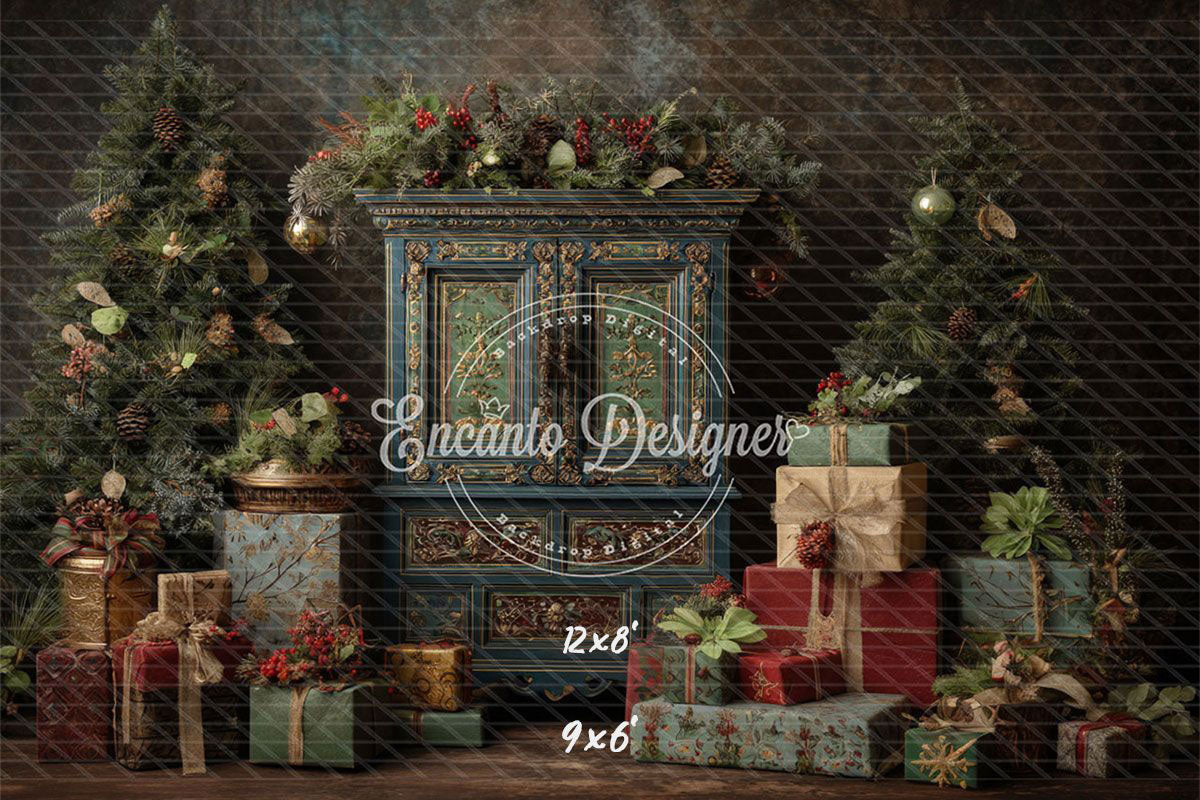 Ornate Blue Cabinet Trees Vintage Christmas Backdrop - Layoris
