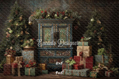 Ornate Blue Cabinet Trees Vintage Christmas Backdrop - Layoris