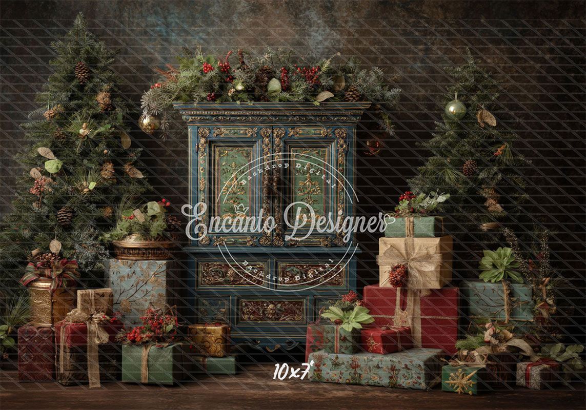 Ornate Blue Cabinet Trees Vintage Christmas Backdrop - Layoris