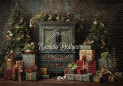 Ornate Blue Cabinet Trees Vintage Christmas Backdrop - Layoris