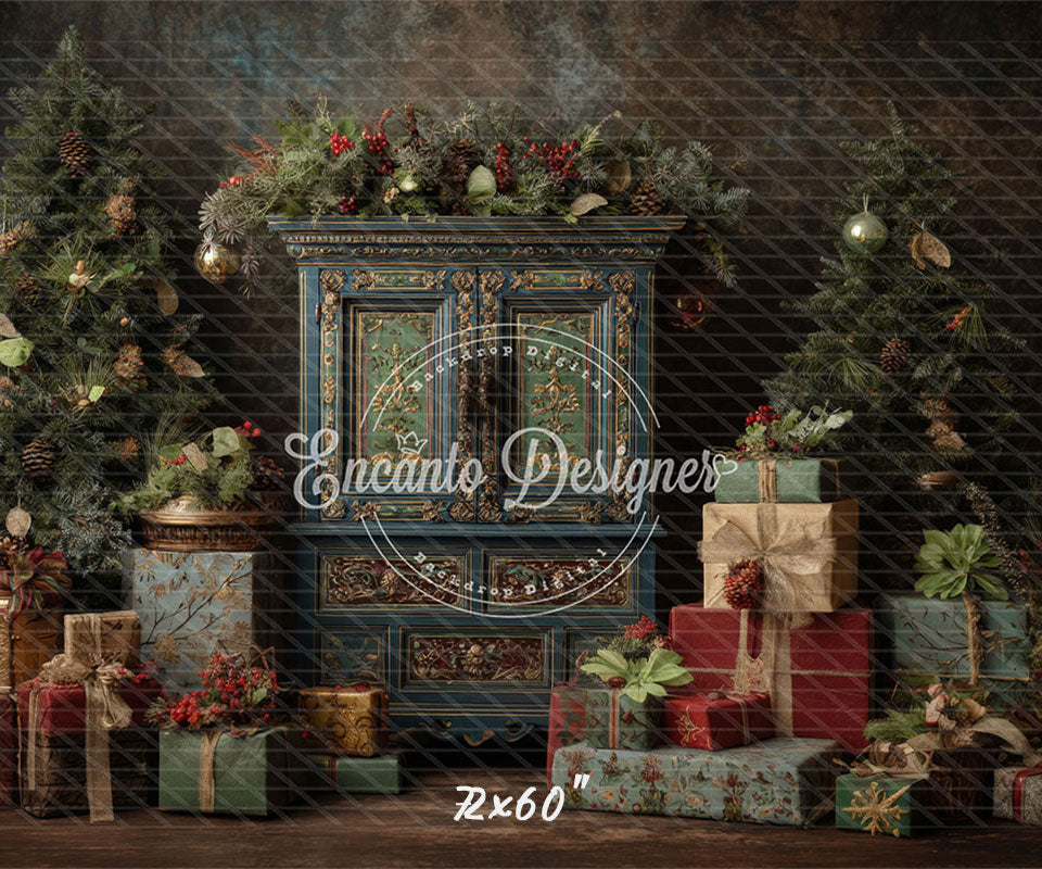 Ornate Blue Cabinet Trees Vintage Christmas Backdrop - Layoris
