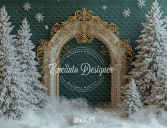 Golden Ornate Arch Snowy Trees Snowflakes Christmas Backdrop - Layoris
