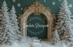 Golden Ornate Arch Snowy Trees Snowflakes Christmas Backdrop - Layoris