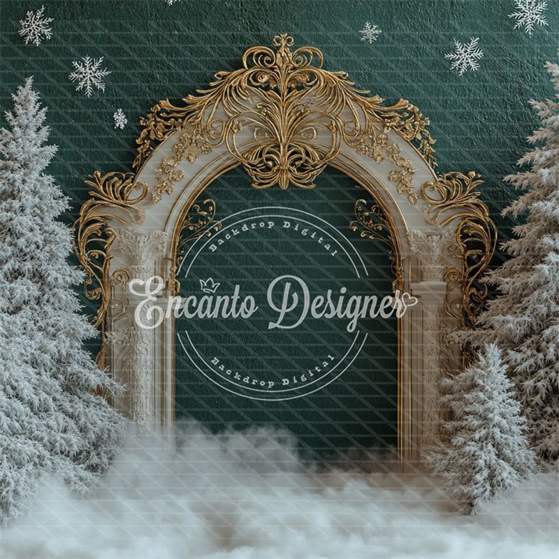 Golden Ornate Arch Snowy Trees Snowflakes Christmas Backdrop - Layoris