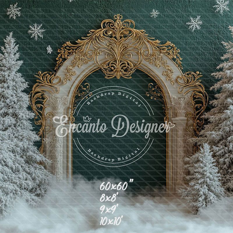 Golden Ornate Arch Snowy Trees Snowflakes Christmas Backdrop - Layoris