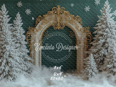 Golden Ornate Arch Snowy Trees Snowflakes Christmas Backdrop - Layoris