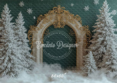 Golden Ornate Arch Snowy Trees Snowflakes Christmas Backdrop - Layoris